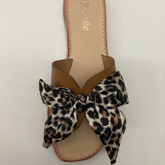 Leopard print bow camel sandal Vegan New all sizes - Picture 1 of 3